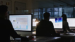 Computer, research and planning with business people in office for coworking, web designer and night. Online project, deadline and email with employee in agency for proposal and creative editor