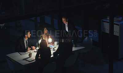 Buy stock photo Woman, speech and team at night for office meeting with smile, documents or review at law firm. Men, women and corporate lawyer with tech, overtime or problem solving with feedback at legal agency
