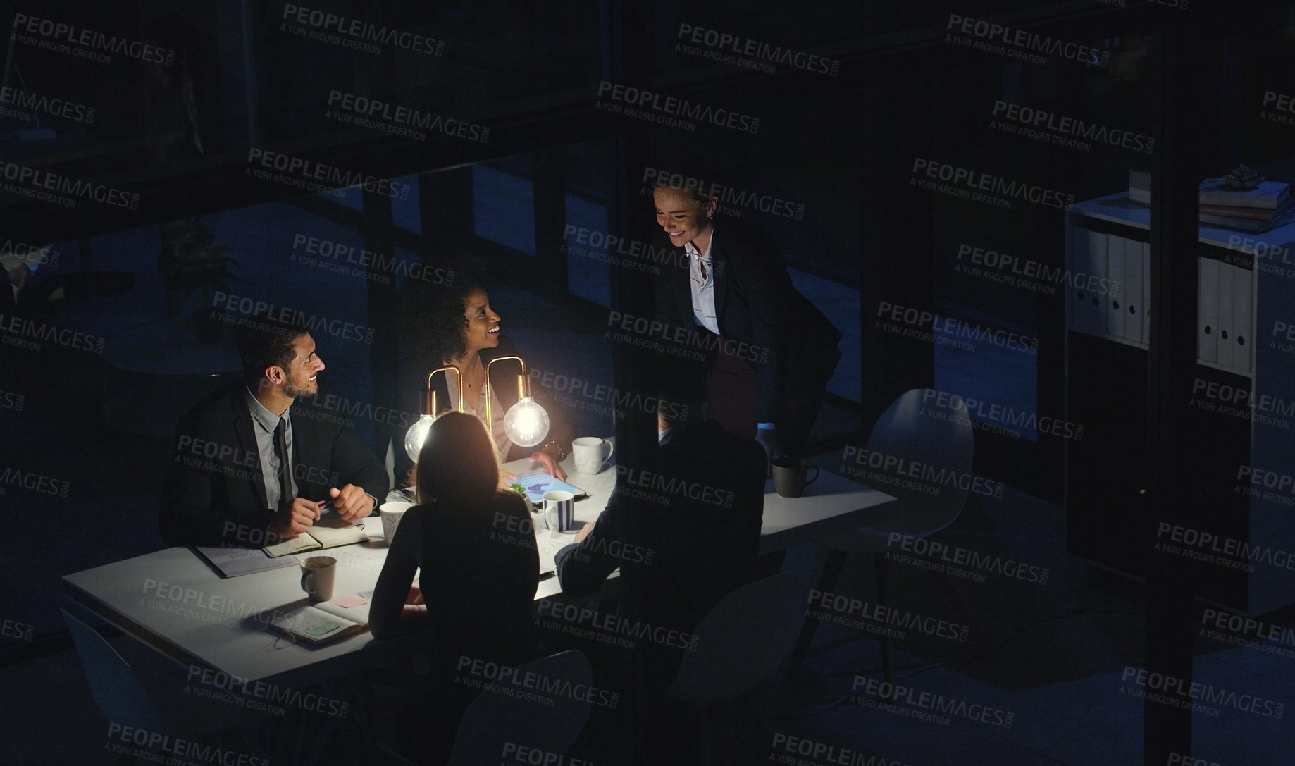 Buy stock photo Woman, speech and team at night for office meeting with smile, documents or review at law firm. Men, women and corporate lawyer with tech, overtime or problem solving with feedback at legal agency