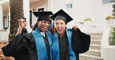 Buy stock photo Portrait, women and students outdoor for graduation, ceremony and diploma for degree completion. Smile, friends and graduate at campus with college alumni, accolade award and learning accomplishment