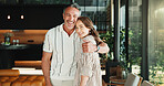 Portrait, hug and mature couple in living room with smile, companion and bonding together on weekend. Happy, people and embrace in home with romantic relationship, wellness and support for partner.