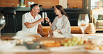 Mature, couple and toast in home with champagne, smile and celebration of relationship anniversary. Happy, people and cheers in living room with alcohol drink, romantic date or commitment to partner.