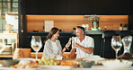 Couple, home and smile with champagne, cheers and bonding with partner in lounge and relax together. Relationship, anniversary and happy mature people with alcohol, celebration and toast in house
