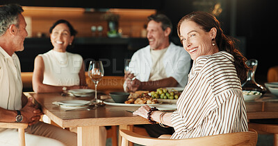 Buy stock photo Celebration, portrait or host in home with friends, satisfaction or happy moment with dinner bonding. Wellness, smile or mature woman with meal, reunion party or positive attitude at social gathering