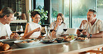 Celebration, meal or friends in house with smile, bonding together or happy moment with reunion. Wellness, drink or mature people with dinner, party connection or good time with social gathering.