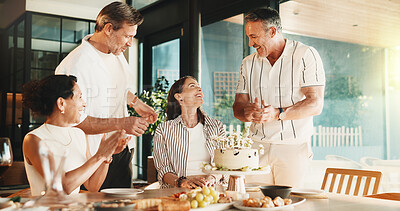 Buy stock photo Happy, people and birthday cake with applause in home for celebration, event or social gathering. Mature group, dessert or clapping with food or wish for get together, friendship or reunion in house