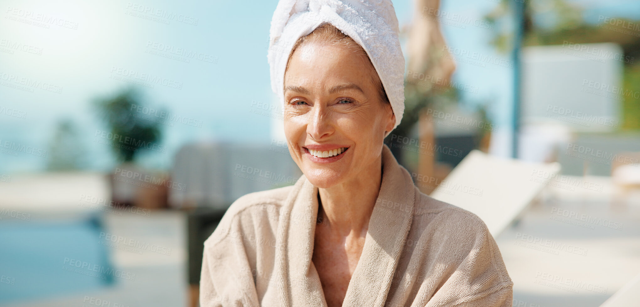 Buy stock photo Happy, woman and relax at resort for travel, peace and summer holiday for weekend unwind. Portrait, mature person and me time at luxury retreat with smile, calm morning and stress relief on vacation