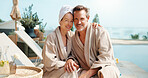 Portrait, couple and relax at resort for travel, love and bonding together on summer holiday. Smile, mature people and embrace at luxury retreat for peace, partner affection and fresh air on vacation