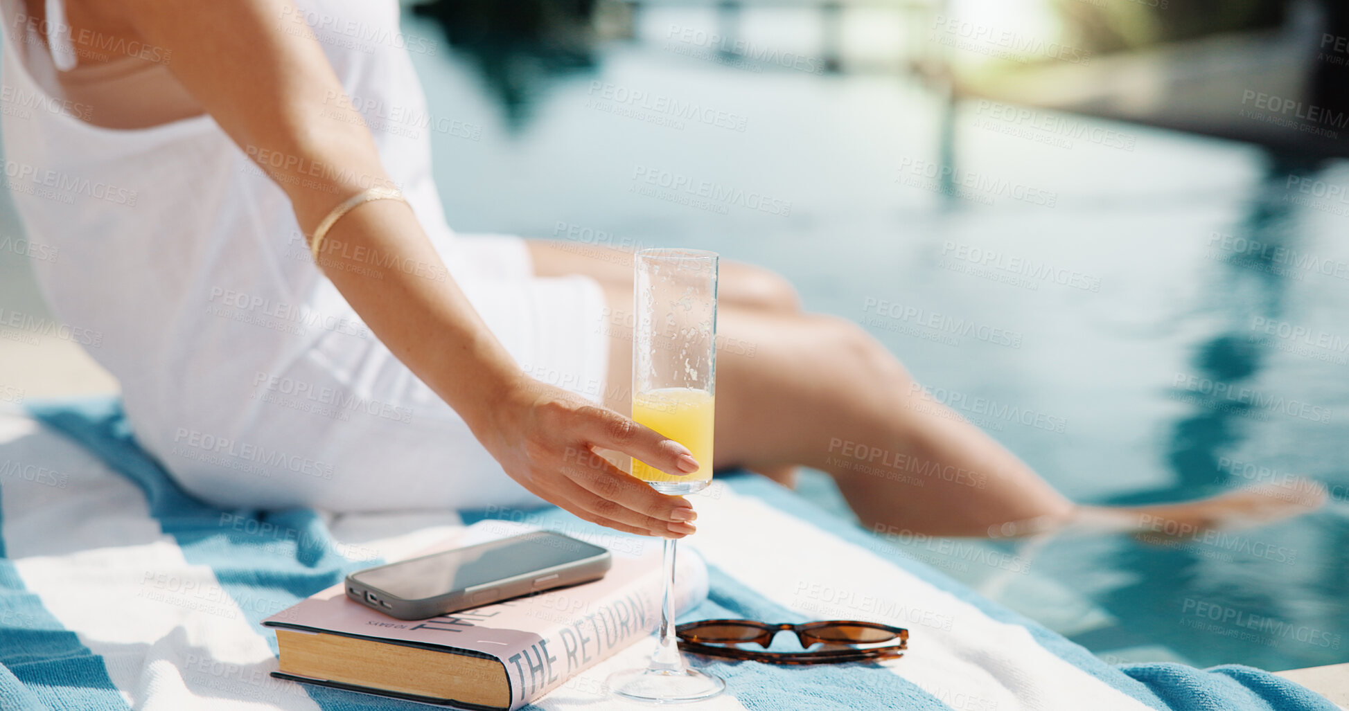 Buy stock photo Woman, hand and cocktail at swimming pool for relax, summer vacation or resort accommodation. Person, mimosa or outdoor at retreat for hospitality, travel holiday or poolside refreshment with alcohol