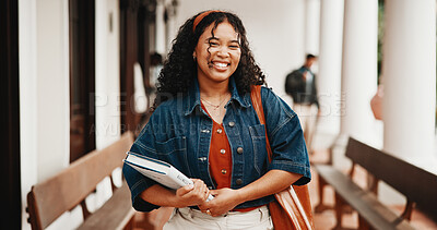Buy stock photo Education, happy woman and portrait of college student with book, business course and scholarship. Female person, university and textbook for learning at campus, economics knowledge or development