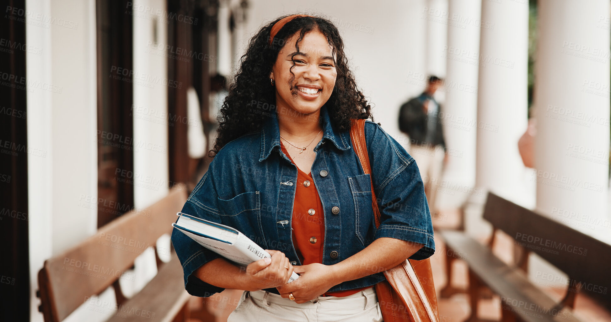 Buy stock photo Education, happy woman and portrait of college student with book, business course and scholarship. Female person, university and textbook for learning at campus, economics knowledge or development