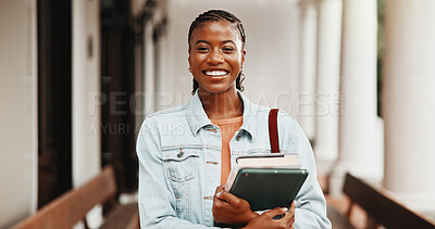 Buy stock photo Learning, happy woman and portrait of university student with book, development and scholarship. Black person, college and education opportunity at academic campus, knowledge growth and tablet