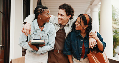 Buy stock photo Smile, friends and students at campus with hug, discussion and study session for education. Happy, people or embrace at school with books, free period and friendly interaction for learning at college