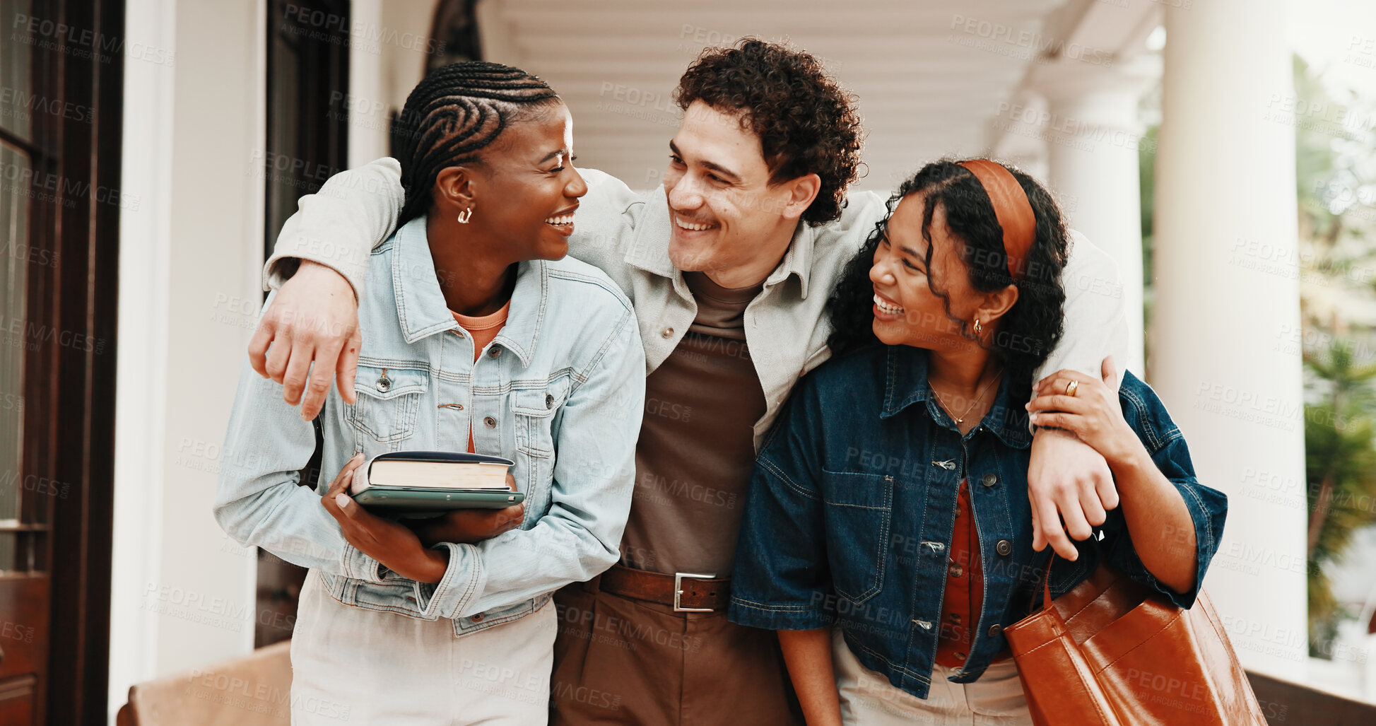 Buy stock photo Smile, friends and students at campus with hug, discussion and study session for education. Happy, people or embrace at school with books, free period and friendly interaction for learning at college