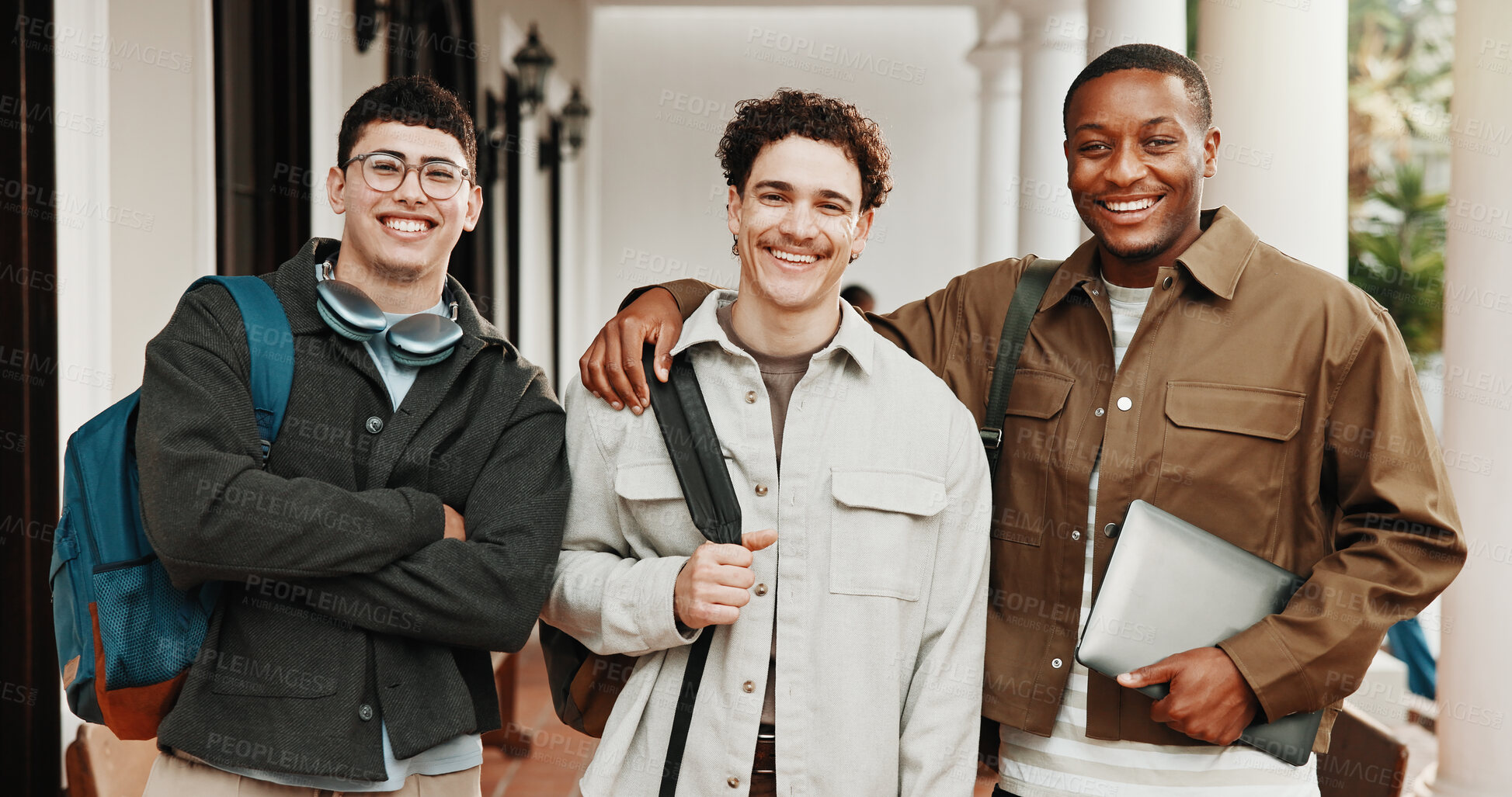 Buy stock photo Happy, people and students at campus with portrait, study group and scholarship for education. Smile, friends and embrace classmates with backpack, recess period and knowledge for learning at college