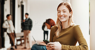 Buy stock photo Portrait, waiting and woman with phone for hiring, interview or recruitment process for onboarding. Smile, queue and candidate with tech for opportunity, job vacancy or meeting for creative agency