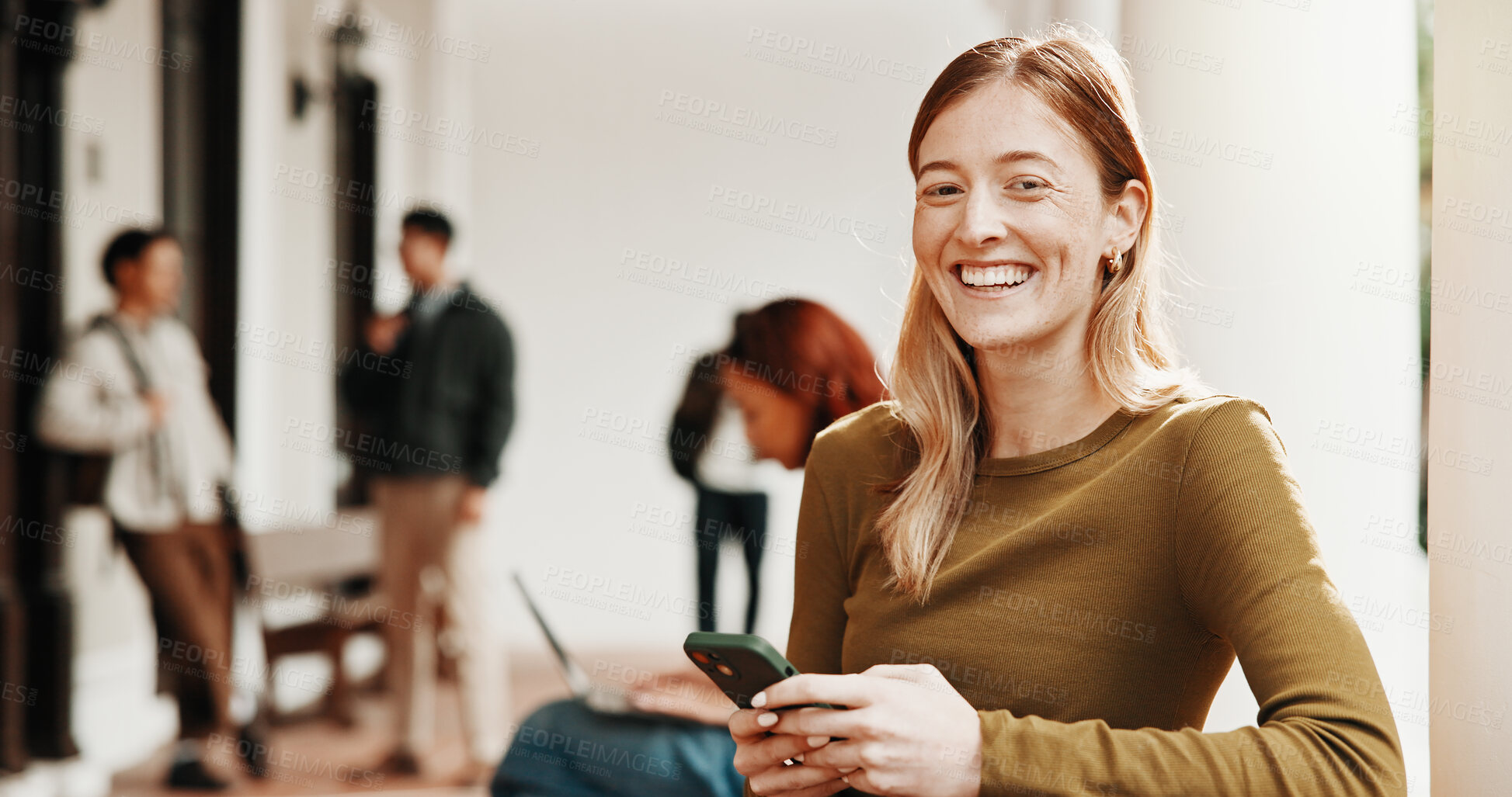 Buy stock photo Portrait, waiting and woman with phone for hiring, interview or recruitment process for onboarding. Smile, queue and candidate with tech for opportunity, job vacancy or meeting for creative agency