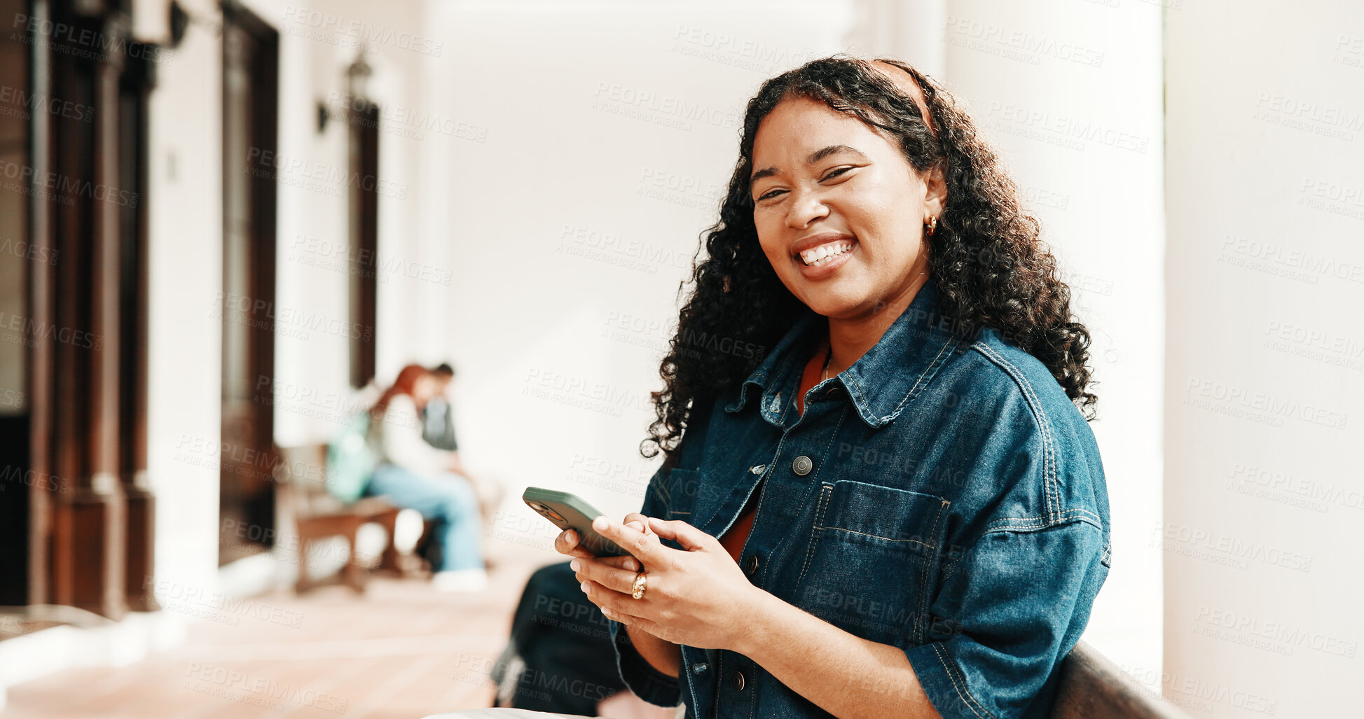 Buy stock photo Portrait, waiting and woman with phone for recruitment, interview or hiring process for onboarding. Smile, candidate and paperless on tech for opportunity, job vacancy or meeting at creative agency
