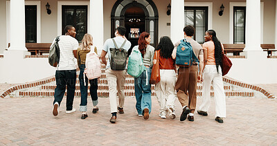 Buy stock photo Walk, back and friends at university for education, semester start and happy for study opportunity. Backpack, students and arrival outdoor for campus first day, academic journey and ready for college