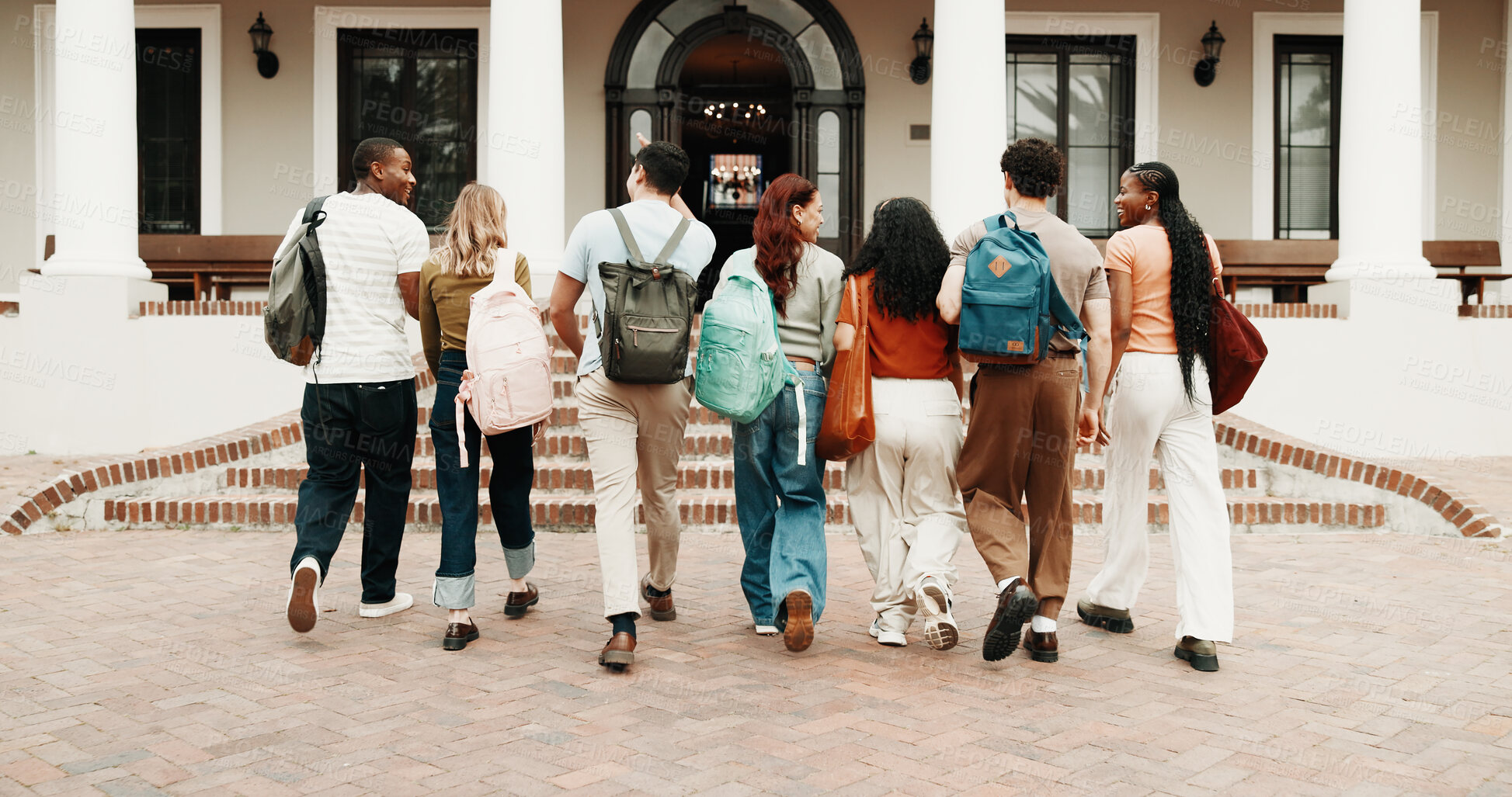 Buy stock photo Walk, back and friends at university for education, semester start and happy for study opportunity. Backpack, students and arrival outdoor for campus first day, academic journey and ready for college