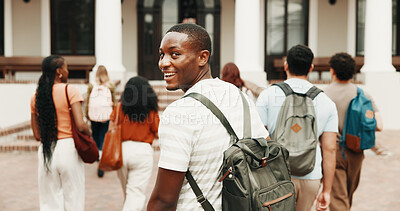 Buy stock photo Walk, man and portrait at college for education degree, new semester or happy for study opportunity. Mission, student and smile with backpack for campus first day, university arrival and course ready