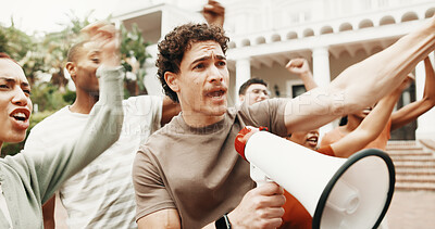 Buy stock photo Student, people and megaphone for protest, rally or gender based violence movement outdoor. Justice, equality and man on campus for GBV crisis, attention and human rights with bullhorn for voice