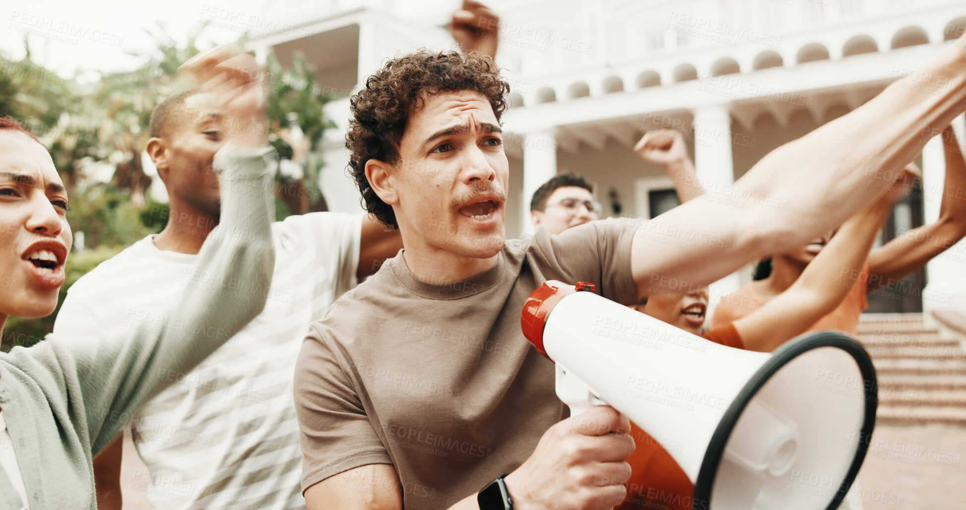Buy stock photo Student, people and megaphone for protest, rally or gender based violence movement outdoor. Justice, equality and man on campus for GBV crisis, attention and human rights with bullhorn for voice