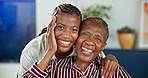 Love, old mother and woman in home with portrait, safety and quality time in happy relationship. Smile, senior parent and adult daughter with support, bonding and family security with connection.