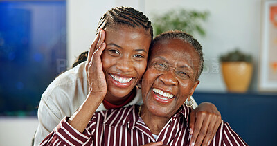 Buy stock photo Love, old mother and woman in home with portrait, safety and quality time in happy relationship. Smile, senior parent and adult daughter with support, laugh and family security with connection