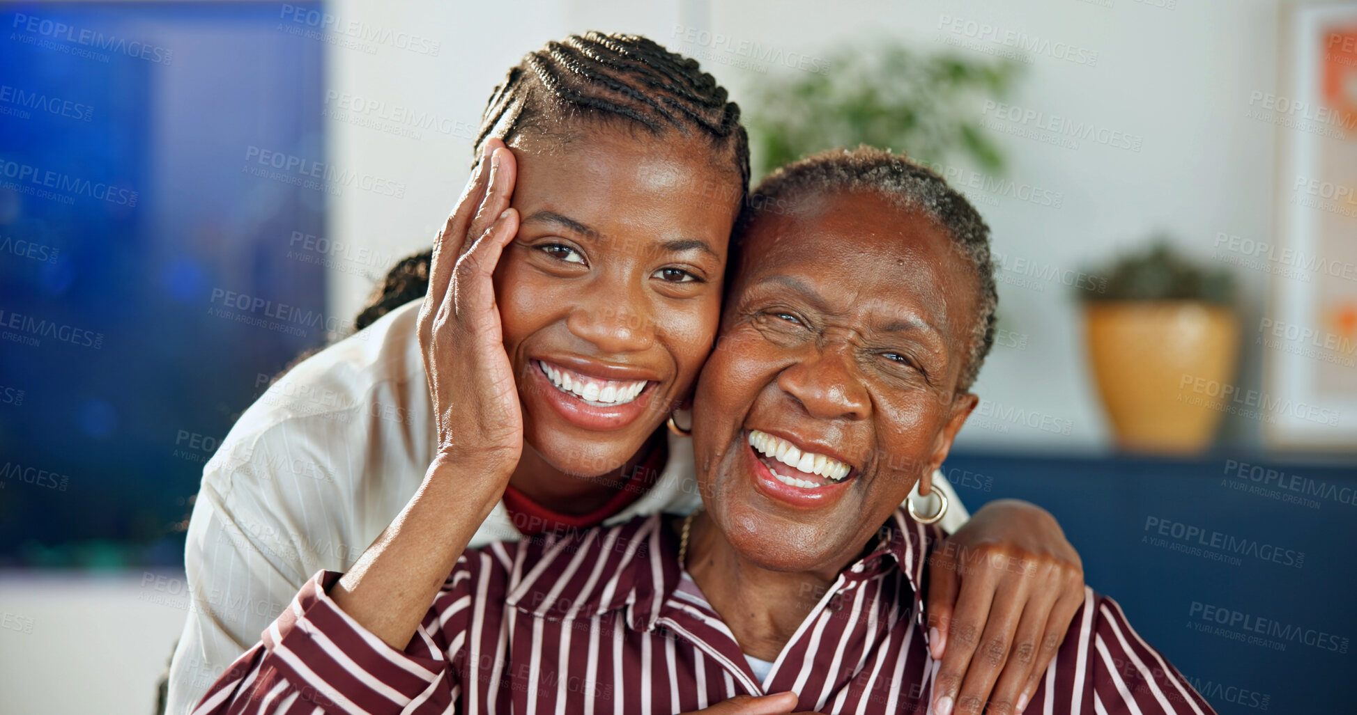 Buy stock photo Love, old mother and woman in home with portrait, safety and quality time in happy relationship. Smile, senior parent and adult daughter with support, laugh and family security with connection