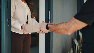 Buy stock photo Hands, woman and delivery man at front door with box, ecommerce package and shipping service at home. Shopper, person and courier worker at house with parcel distribution, customer order and postage