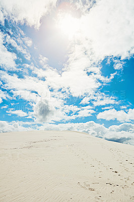 Buy stock photo Sand dune, environment and travel with desert or nature for adventure, explore and summer vacation. Sahara ecosystems, wilderness and getaway with outdoor view for space, blue sky and holiday