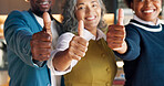 Team, thumbs up and hands of business people in office for approval, agreement and collaboration. Corporate, employees and happy with gesture for good news, thank you and support at financial agency