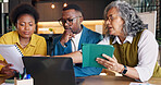 Document, tablet or business people with discussion, team solution or listing review for real estate. Tech, paperwork and planning with realtor for house appraisal, property value and office meeting