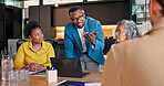 Real estate, presentation and team with laptop in house, meeting or market research with colleagues. Property management, collaboration and happy people with tech, talking and plan for home listing
