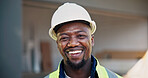 Happy, man and engineer at construction site with portrait, infrastructure and property development. Supervisor, black person and PPE outdoor with engineering project, positive attitude or experience