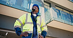Building, smile and thinking with black man on construction site for civil engineering or planning. Inspection, pride and quality control with mature architect on worksite for property development