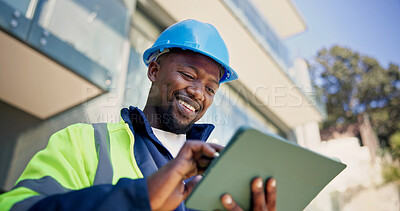 Buy stock photo Electrician, tablet and black man with smile and renovation for building, planning or inspection. Engineer, person and blueprint on tech for property development, construction site or remodeling