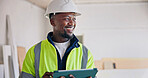 Engineer, tablet and black man with smile or remodeling for building, planning or inspection. Supervisor, person and tech for quality control with property evaluation, construction site or renovation