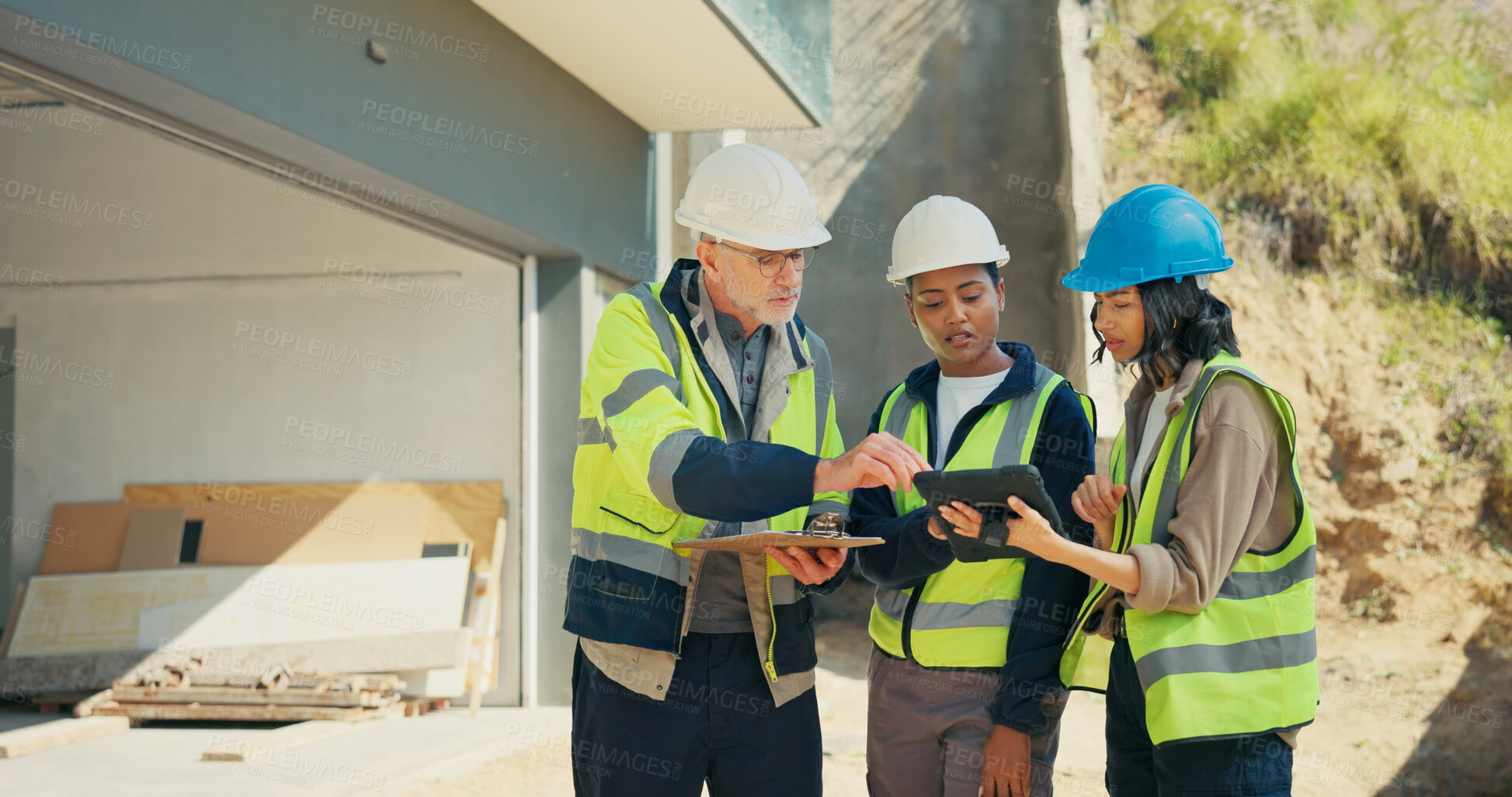 Buy stock photo Construction, team and talk outdoor with tablet for checklist electrical system or quality control. People, engineer and  electrician with tech for problem solving, site maintenance or load planning