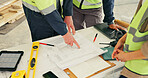 Architect, people and hands with document for construction, building design or strategy together. Group, contractor or civil engineer team pointing with floor layout for architecture development