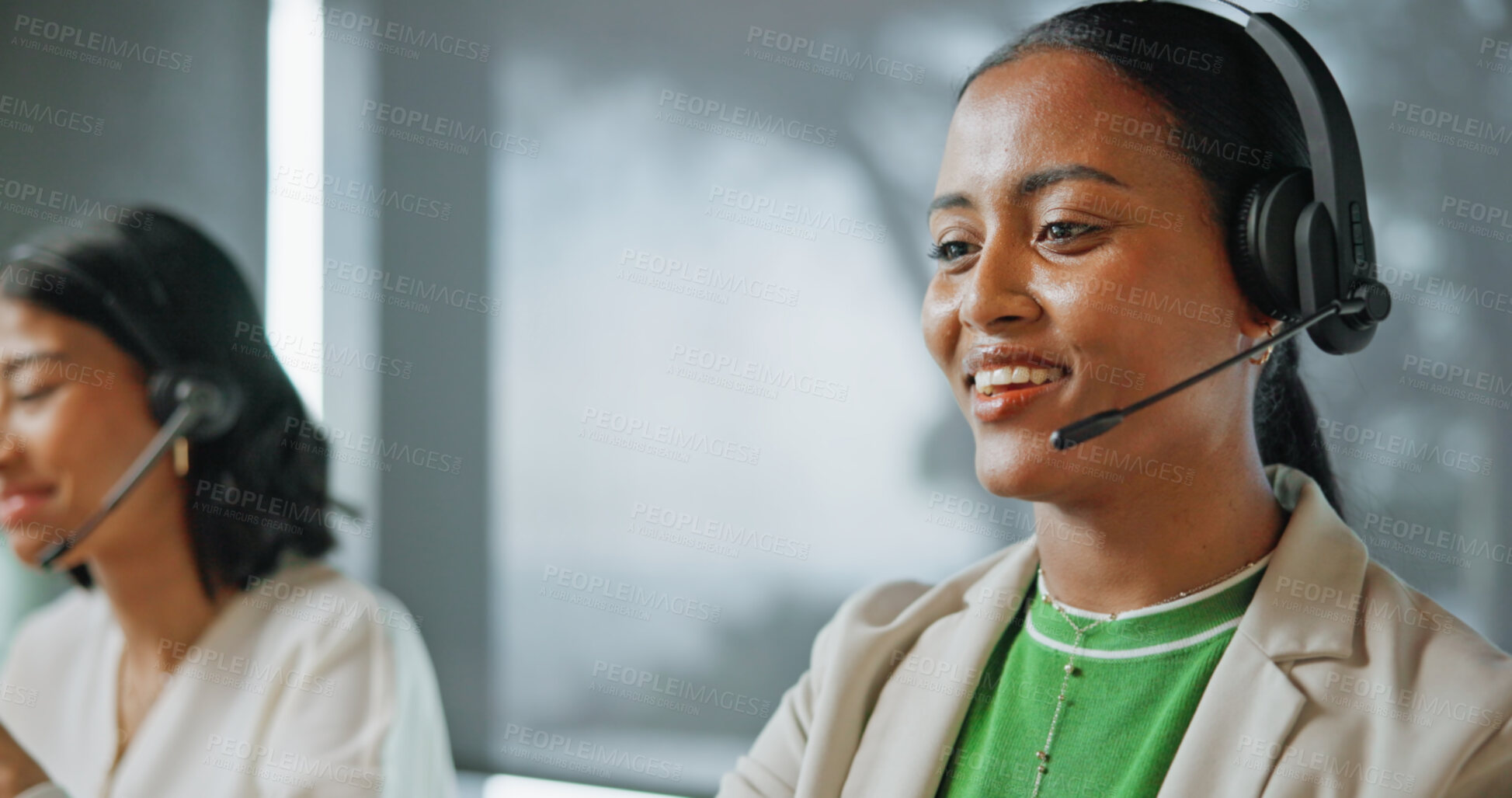 Buy stock photo Business, agent or happy woman with headset in office for positive feedback or online advice. Person, consultant or smile with mic for customer service, virtual assistance or help with coworking
