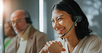 Business, consultant or happy woman with headset in office for positive feedback or online advice. Female person, agent or smile with mic for customer service, virtual assistance or help in workplace
