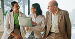 Happy, meeting and business people with laptop in office for project strategy, proposal or ideas. Group, employees or colleagues with smile or computer for company planning or schedule in workplace