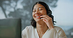 Consultant, laughing or happy woman with headset in call center for friendly humor or online advice. Female person, agent and smile with mic for virtual assistance, comedy or funny joke in office