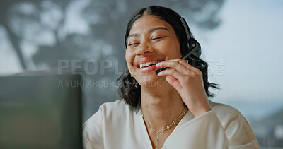 Buy stock photo Consultant, laughing or happy woman with headset in call center for friendly humor or online advice. Female person, agent and smile with mic for virtual assistance, comedy or funny joke in office