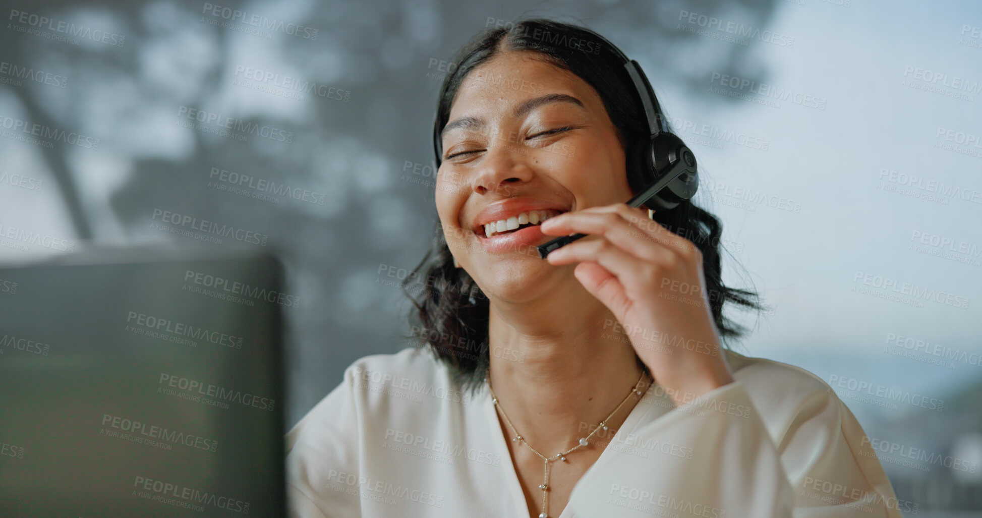 Buy stock photo Consultant, laughing or happy woman with headset in call center for friendly humor or online advice. Female person, agent and smile with mic for virtual assistance, comedy or funny joke in office
