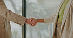 Business, people and meeting with handshake in office for partnership, b2b agreement or deal. Employees, colleagues or shaking hands with introduction or greeting for company merger or teamwork