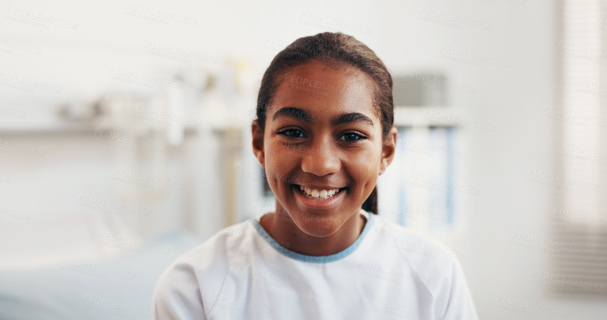 Buy stock photo Medical, smile or girl in hospital with portrait, clinical recovery or good mood in post operation. Healthcare, patient or kid with happy moment, positive attitude or healing in treatment progress.