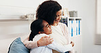 Happy, mother and child in hospital bed with hug, good news and optimistic for recovery from disease. Woman, daughter and smile in medical clinic with embrace, parent care and assurance for healing.